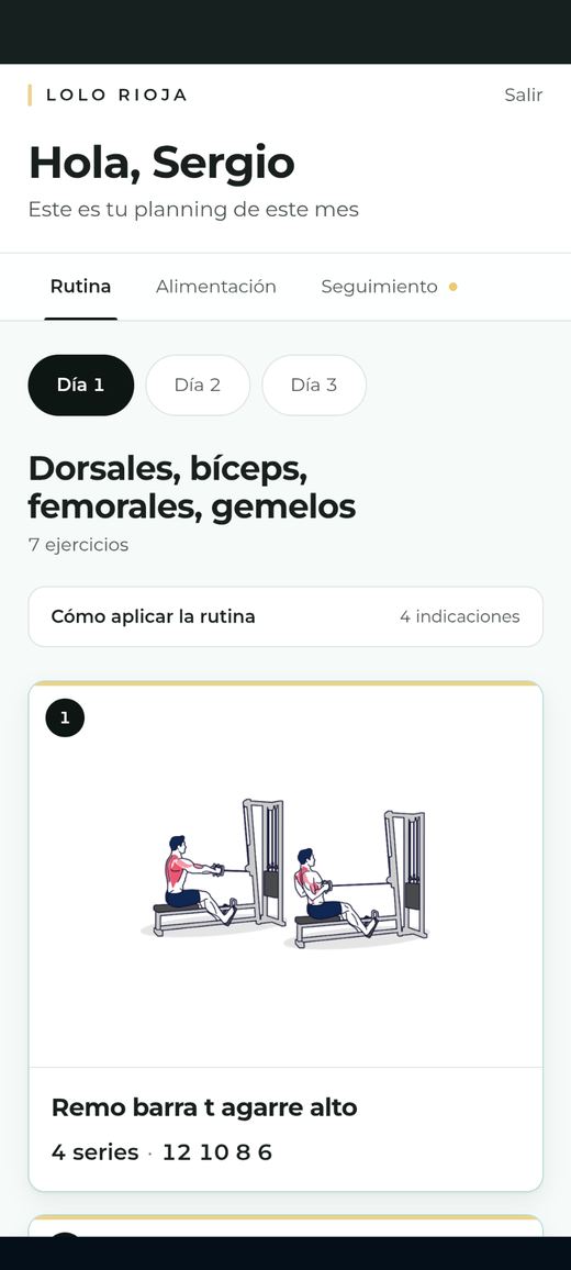 Pantalla de inicio del cliente en la aplicación de Lolo Rioja